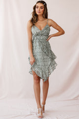 Kindred Ruffle-Trimmed V-Shaped Hem Dress Weave Print Olive