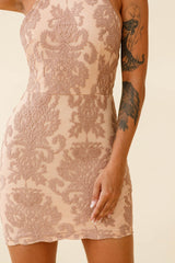 Peyton Halterneck Floral Embroidered Mesh Dress Mocha