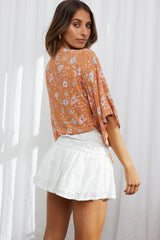Rivera Deep-V Tie Front Crop Top Floral Print Orange/Pink