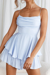 Well Versed Cowl Neck Flounce Romper Sky