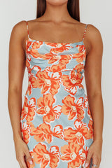 Well Versed Pleated Bust Front Split Dress Flowers Orange