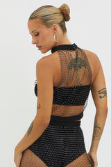 Moon Rock Diamante Mesh Top Black