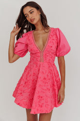 Samsara Puff Sleeve Mini Dress Hot Pink