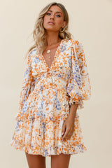 Laney Cutout Back Frill Trim Dress Floral Pattern Orange