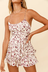 Linka Cami Strap Tie-Back Romper Leaf Print Beige
