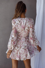 Estelle Long Sleeve V-Neckline Dress Watercolor Floral Print Rose