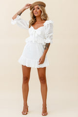Say That Again Bust Tie Ruffle Trim Dress White