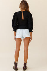 Festival Lights Puff Sleeve Textured Trim Detail Top Black