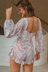 New Romance Long Sleeve Ruched Side Romper Floral Print Pink