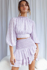 Whisked Away Balloon Sleeve Open Back Crop Top Floral Print Lilac
