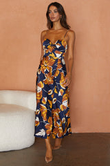 Missoula Cami Strap Padded Bust Midi Dress Floral Print Navy