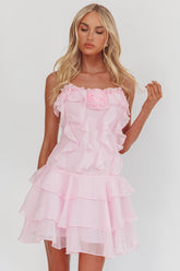 Sweetest Things Frill Trim Rosette Mini Dress Pink