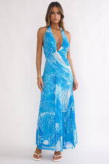 Palomino Plunging Halter Maxi Dress Print Blue
