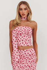 Charise Strapless Neck Tie Top Roses Pink