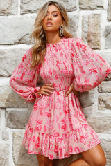 Marja Long Balloon Sleeve Shirred Dress Floral Print Pink