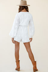 Esperanza Long Balloon Sleeve Floral Embroidery Romper White