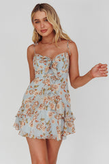 Flower Child Bust Tie Ruffle Trim Dress Roses Blue