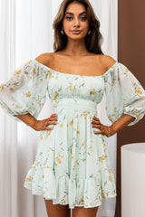 Abby Off-Shoulder Tie-Up Back Dress Floral Print Mint