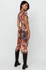 Priyanka Lettuce Edge Mesh Midi Skirt Brown Multi
