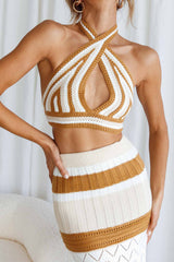 Higher Love Knit Halterneck Crop Top Striped Camel