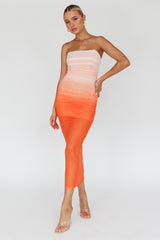 Logan Strapless Ruched Midi Dress Gradient Orange