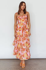 Provence Bloom Tiered Midi Dress Abstract Pink Multi