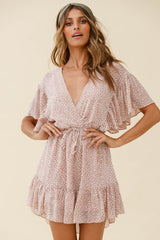 Esme V-Neckline Drawstring Waist Dress Sprinkle Print Pink