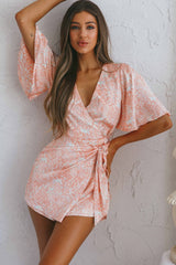 Nadi V-Neckline Wrap Romper Flower Paint Print Pink