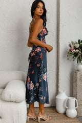 Downtown Cami Strap Front Split Midi Dress Oriental Flower Print Forest Green
