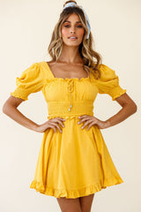 Summer In Paris Puff Sleeve Open Back Dress Mustard