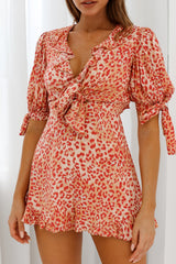 Francine Short Sleeve Tied Bust Romper Leopard Print Orange