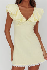 Unpredictable Layered Ruffle Neckline Mini Dress Butter
