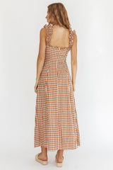 Warrior Sun Frill Strap Maxi Dress Tan Check
