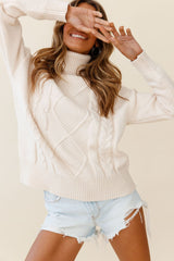 Hark Rolled Turtleneck Cable Knit Detail Sweater Cream