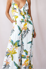 Melita Ruffle V-Neckline Jumpsuit Tropical Print White