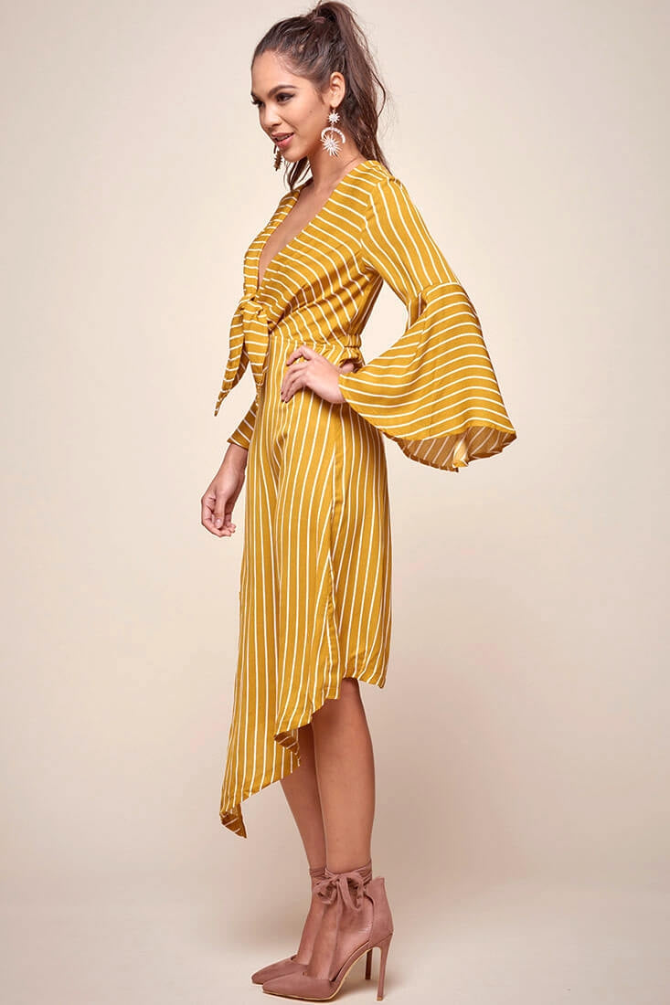 Jaedyn Waist Tie Bell Sleeve Dress Mustard