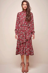 Jackson Waist Tie Bell Sleeve Dress Red Wine