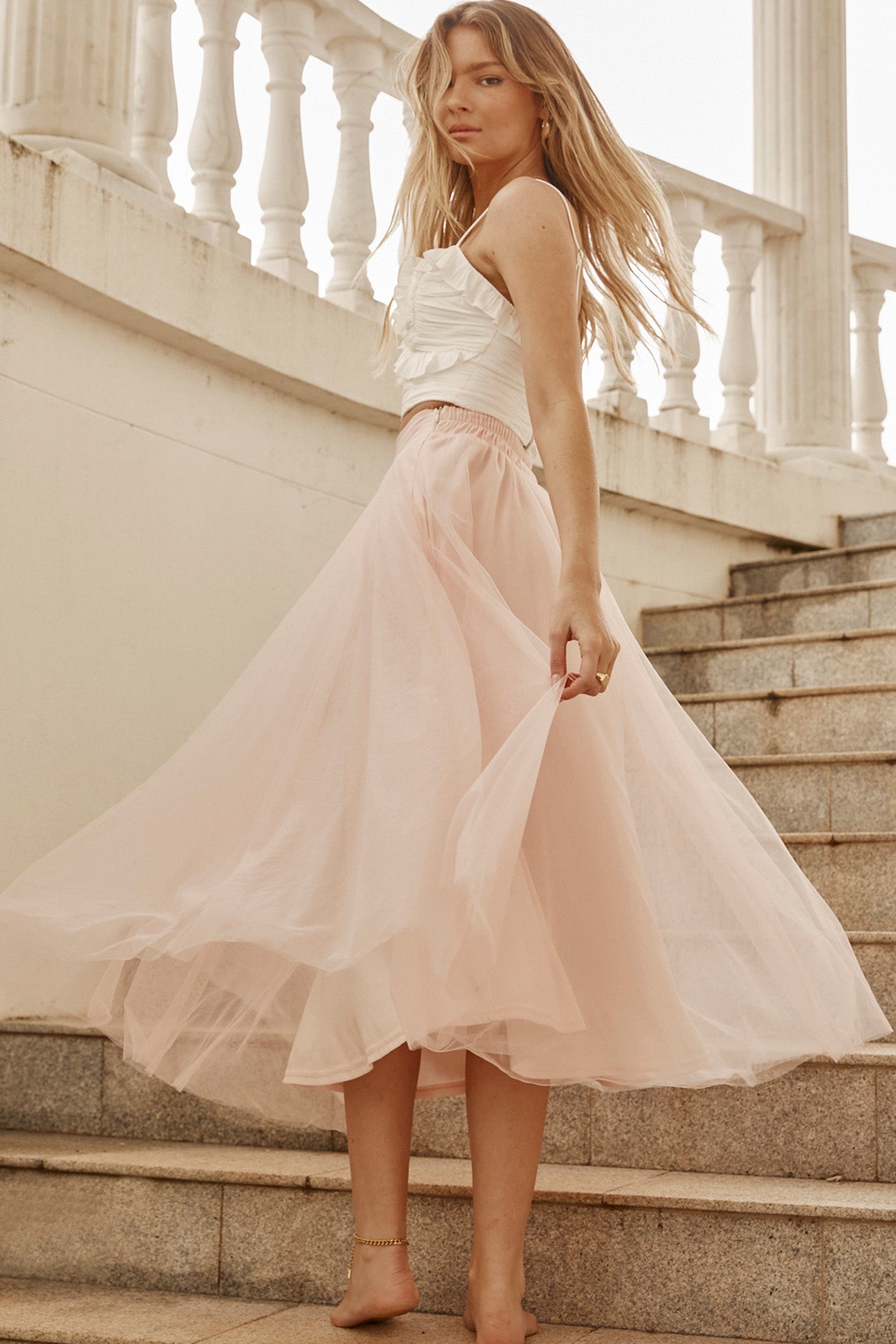 Jasmine Organza Mesh Elasticated Waist Midi Skirt Baby Pink