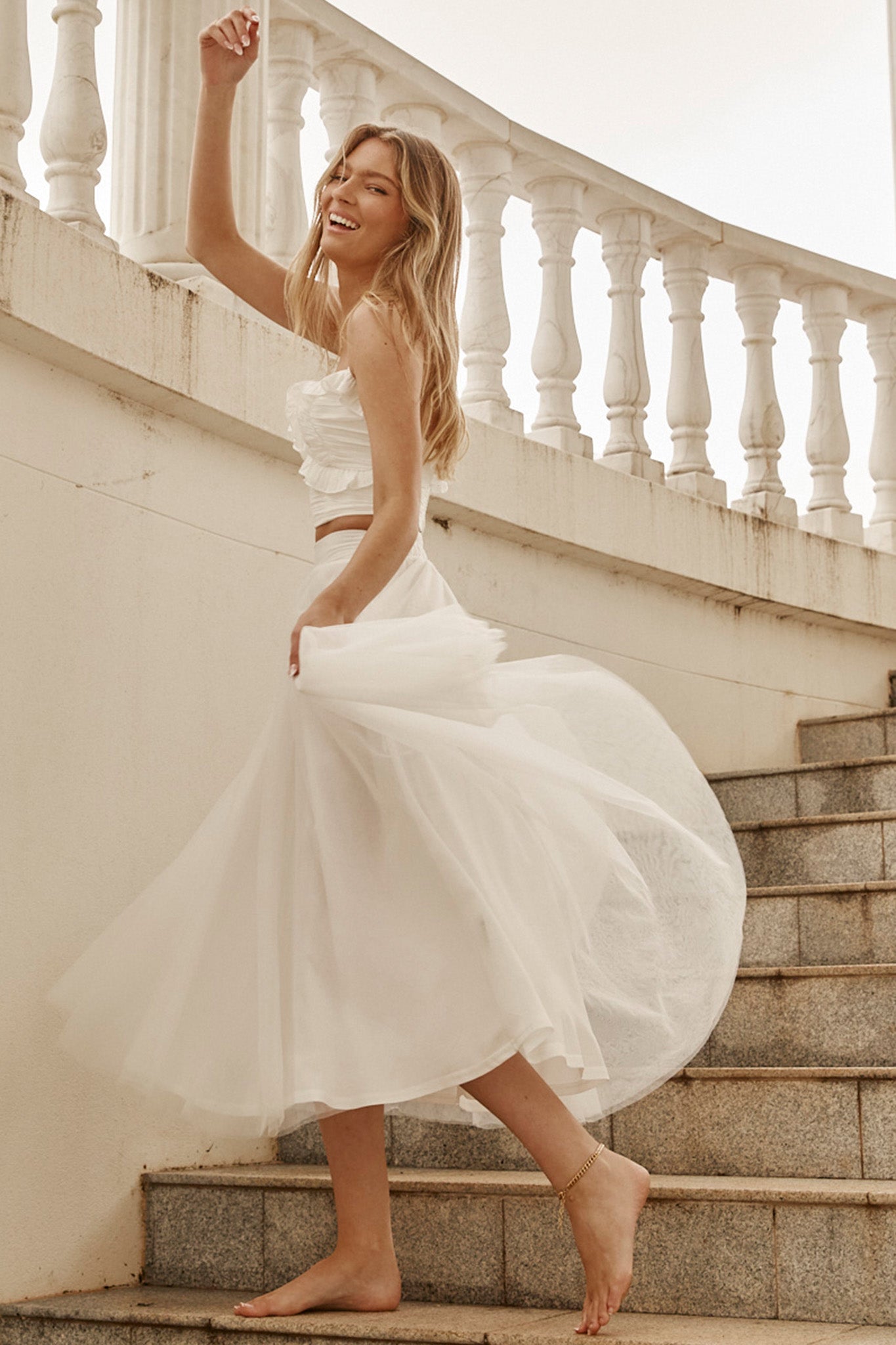 Jasmine Organza Mesh Elasticated Waist Midi Skirt White