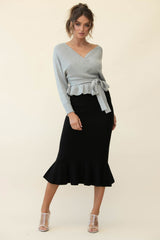 Shalon Ribbed Knit Fluted Hem Midi Skirt Antique Black