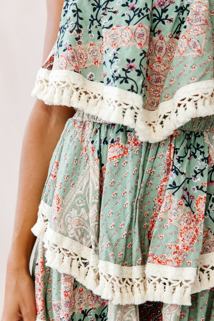 Palau Tassel-Trimmed Paisley Skirt Olive