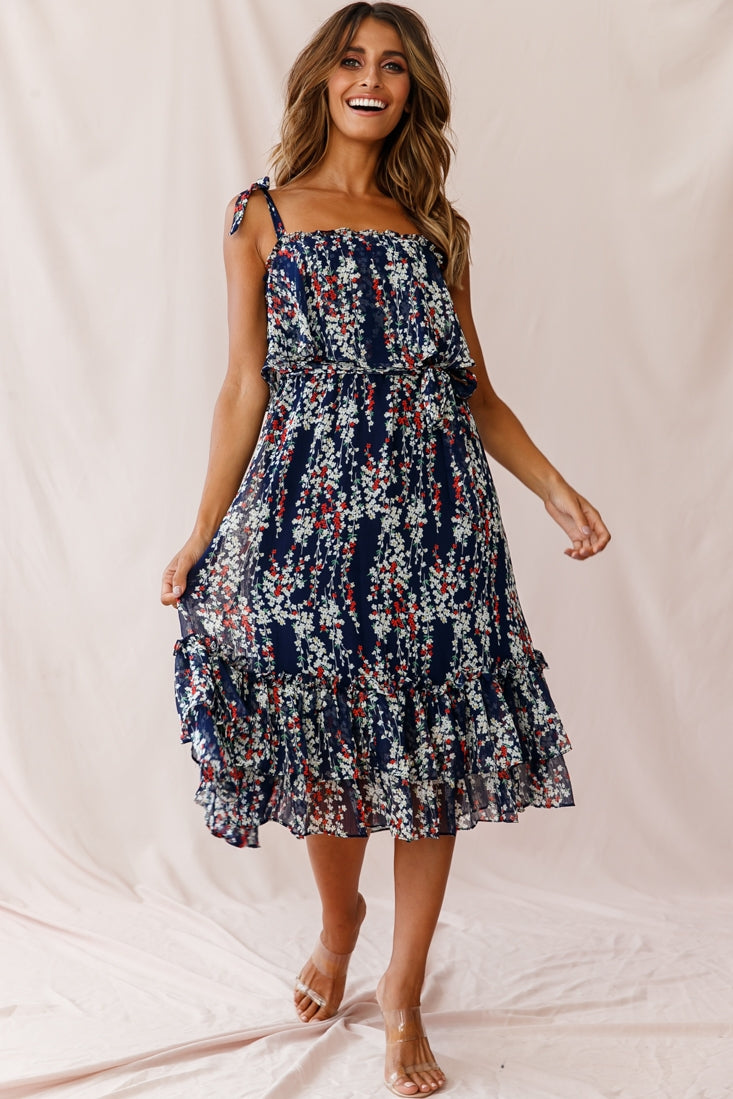 Maeve Shoulder Tie Layered Ruffle Dress Navy
