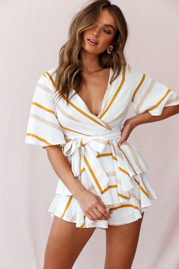 Happy Hour Deep V-Neckline Open Back Romper Stripe Print Mustard