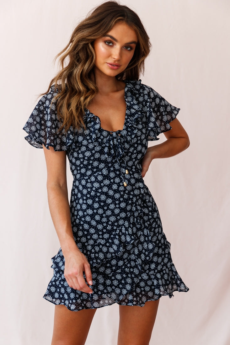 Kalina Ruffle Neckline Flutter Sleeve Mini Dress Dot Print Navy/White