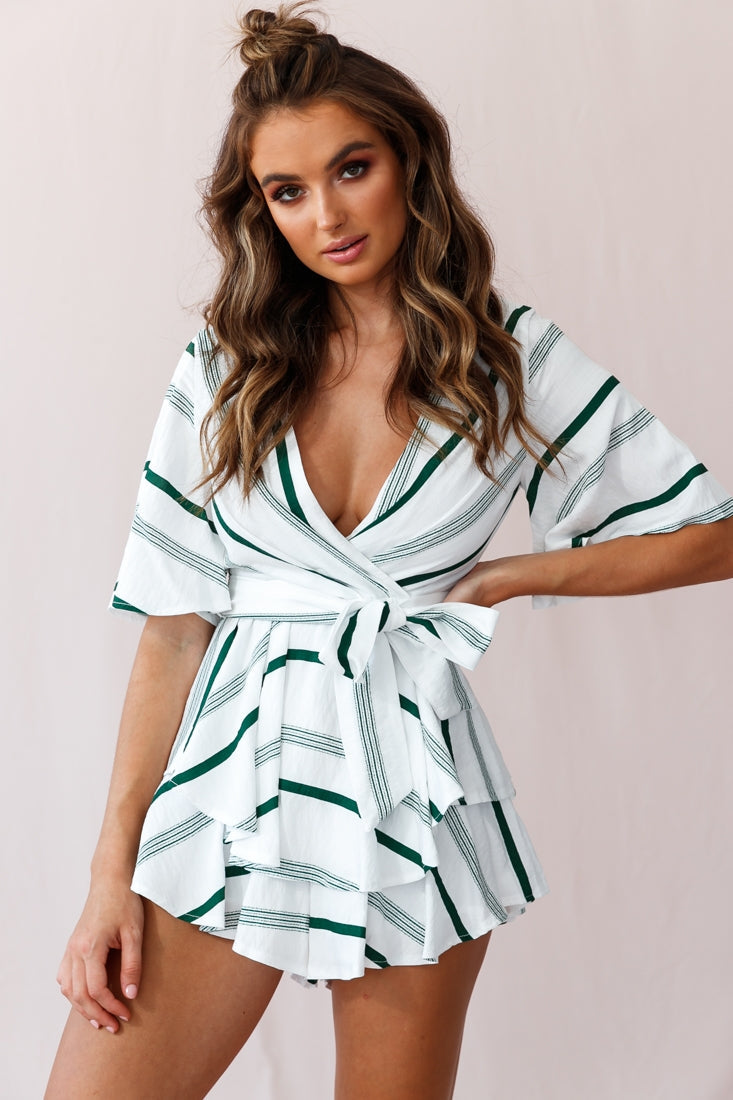 Happy Hour Deep V-Neckline Open Back Romper Green