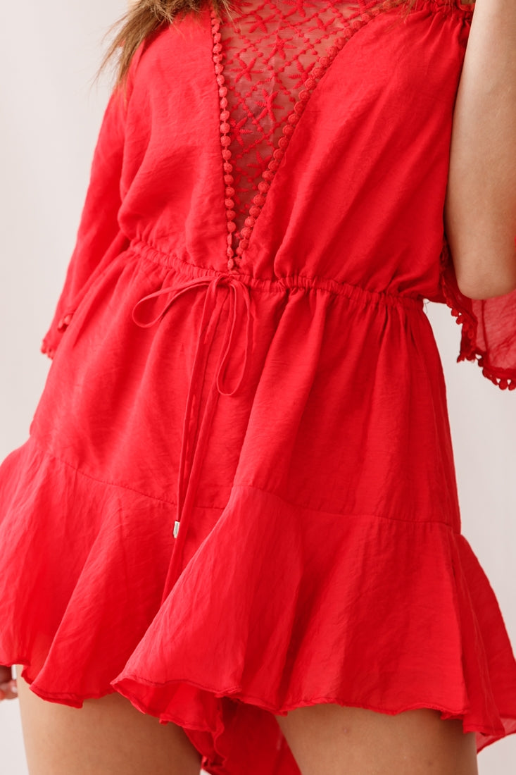 Yonna Off-Shoulder Mesh Detail Drawstring Romper Red