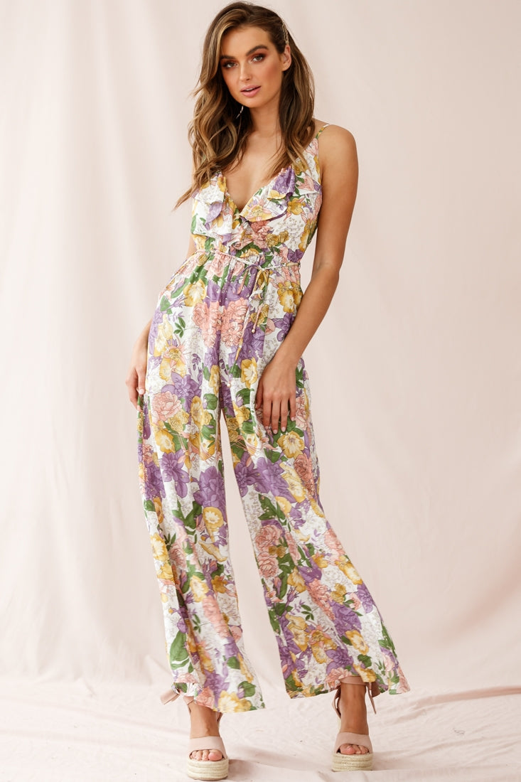 Melita Ruffle V-Neckline Jumpsuit Purple Print