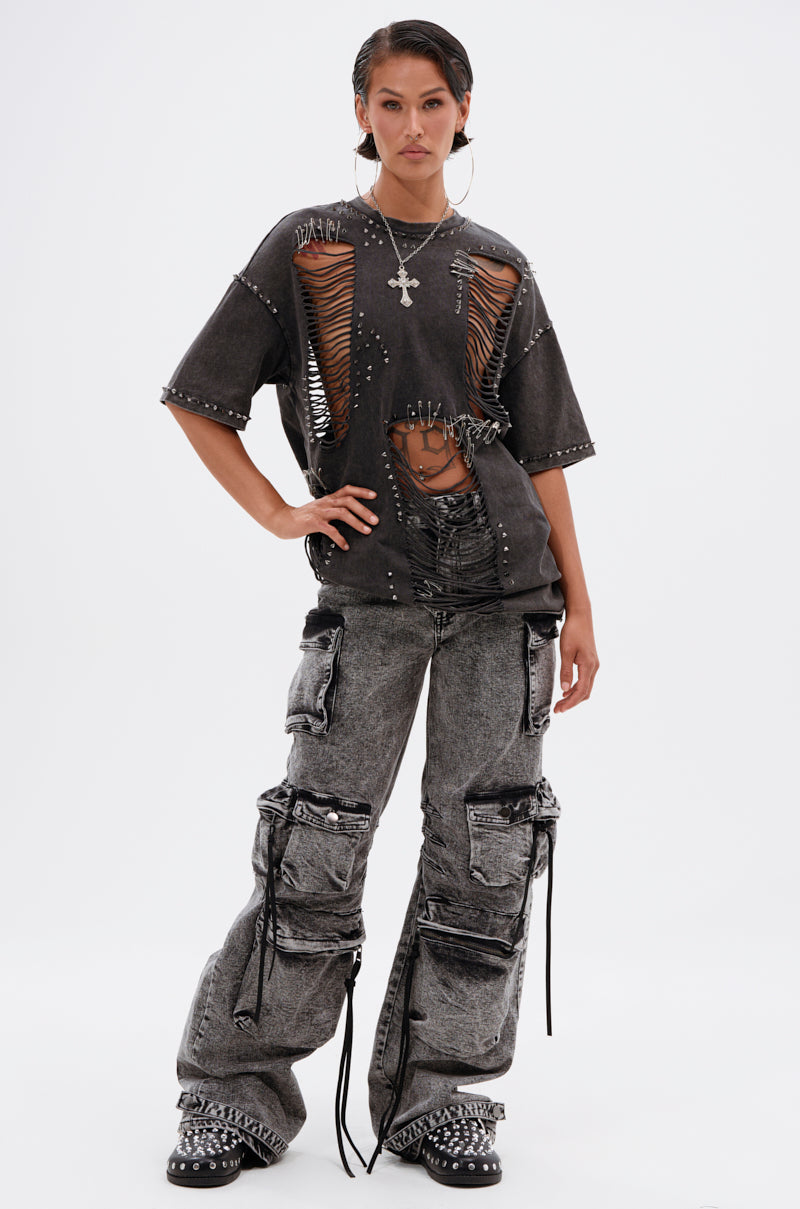 MARGOT DISTRESSED STUDDED SHORT SLEEVE TEE