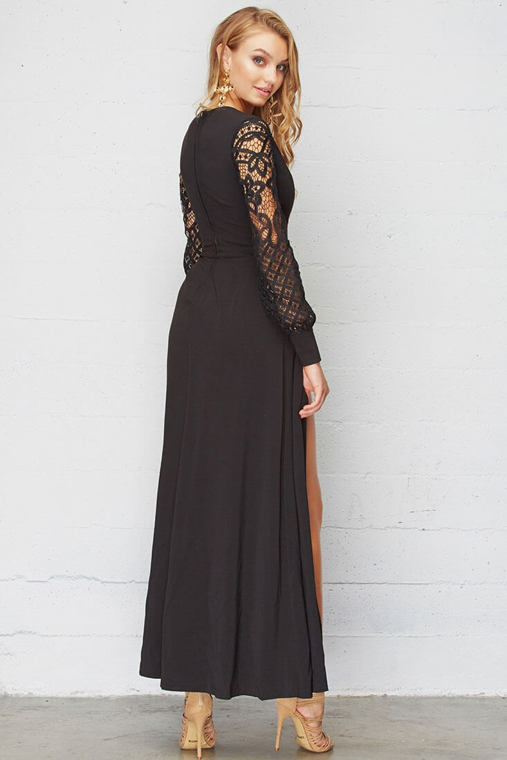 Vana Lacey Crochet Maxi Romper Black