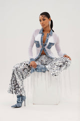 EXPENSIVE TASTE STRETCHY SEQUIN CHAIN PANTS